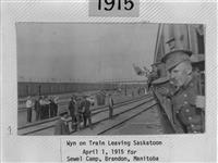 Wyn on Train leaving for Sewel (sic) camp/Wyn à board du train quittant Saskatoon à destination du Camp Sewel (sic) [graphic material] 1 Apr. 1915