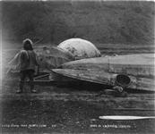 [Inuk man with topek and kayak at Peel River]. Original title: A View Showing Topek, Kayak, & Eskimo [ca. 1901].