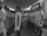 Commander in Chief Admiral Sir Bruce Fraser inspecting H.M.C.S. UGANDA troops 20 Mar. 1945