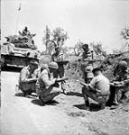 Major Irwin, Officer Commanding "C" Squadron, The Ontario Regiment, conferring with personnel of the squadron on the right flank of the Paterno front, Italy, 3 August 1943 August 3, 1943.