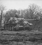 Member of the Royal Canadian Corps of Signals looking over destroyed German Tiger tank 15 Mar. 1945