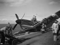 Fairey Firefly F.R.IV aircraft TW753 of No. 825 Squadron, R.C.N., which swerved off the flightdeck of H.M.C.S. MAGNIFICENT at sea 2 Sept. 1948