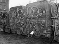 Trucks loaded with refugees and their bicycles, who were evacuated from south of Arnhem, arriving at Nijmegen, Netherlands, 20 November 1944 November 20, 1944.