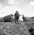 Infantrymen of "D" Company, Royal Regiment of Canada, supported by a Sherman tank of the Fort Garry Horse, advance from Hatten to Dingstede, Germany, 24 April 1945 April 24, 1945.