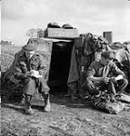 Bombardiers J.H. Wilson and G.M. Hart, 4th Field Regiment, Royal Canadian Artillery (R.C.A.), writing and sewing in front of their house, which is made of sand-filled ammunition boxes, Ossendrecht, Netherlands, 23 October 1944 October 23, 1944.