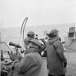 Gun crews at readiness aboard the destroyer H.M.C.S. CHAUDIERE, Britain, 7 January 1944 January 7, 1944.