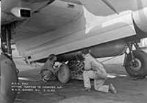 Groundcrew loading a torpedo into the bomb bay of a Handley Page Hampden I aircraft of No.32 Operational Training Unit (Royal Canadian Airforce Schools and Training Units), Royal Air Force, Patricia Bay, British Columbia, Canada, 2 October 1942 October 2, 1942.