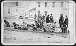 Two dog teams with native drivers and a white man in one sled shaking hands with another. A group of bystanders near unidentified buildings in background, one inscribed "CLUB H..." (see also C-22616, Winnipeg) ca. 1870