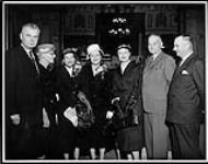 Group portrait taken during the National Convention of the Federated Women's Institutes of Canada. From left to right:Rt. Hon. John G. Diefenbaker, Mrs. Rose, Sen. Cairine Wilson, Mrs. Adams, Mrs.Olive Diefenbaker, Mr. Suggart and Mayor G. Nelms 1957