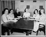 Executive Committee of the Federated Women's Institutes of Canada. From left to right: Mrs. Palmer (B.C.), Mrs. Roberts (Alta), Mrs. Haggerty (Ont.), Mrs. Matheson (P.E.I.), Mrs. Clarke (Nfld), Mrs.Mosher (N.S.) 1964