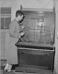 Mr. J. Haanstra, patient, with a former German military telephone switchboard in an underground Dutch hospital 2 Jan 1945