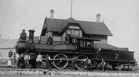 Engine No. 7, Manitoba and Northwestern Railway. Oliver Williamson, engineer, and H. Ripley, fireman 1890