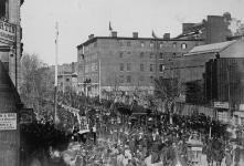 Funeral procession of Hon. Thomas D'Arcy McGee at the corner of Bleury and Craig Streets 13 avril 1868