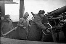 Gun crew aboard H.M.T. EMPRESS OF CANADA, which is taking part in Operation GAUNTLET, the Spitsbergen raid, en route to Spitsbergen, ca. 19-24 August 1941 [ca. August 19-24, 1941].