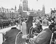 Hon. G.F. Bradley during his speech concerning the Union of Newfoundland with Canada on Parliament Hill. Both ceremonies in Newfoundland and Ottawa were broadcasted throughout Canada 1 Apr. 1949