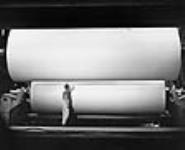 Man with giant rolls of paper / Homme se tenant debout près de gigantesques rouleaux de papier n.d.