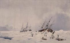 Planche no IV. Le HMS Phoenix et le HMS Breadalbane, au moment où ce dernier, écrasé, coulait. Le champ de glace, qui s'est détaché du Phoenix, a rejoint le Breadalbane et pénétré dans sa proue; en moins de 15 minutes, ce navire a coulé dans 30 brasses d'eau. ca. 1855