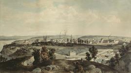 Depuis la colline du Parlement, vue de la basse-ville d'Ottawa, Canada-Ouest, vers l'aval de la rivière des Outaouais, ainsi que des écluses du canal Rideau 1855