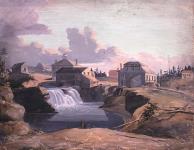 Vue du moulin et de la taverne de Philemon Wright aux chutes des Chaudières, à Hull, sur la rivière des Outaouais, dans le Bas-Canada 1823