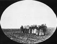 Doukhobor women are shown breaking the prairie sod by pulling a plough themselves, Thunder Hill Colony, Manitoba. c 1899 / Des femmes doukhobors labourent la prairie en tirant elles-mêmes une charrue, colonie de Thunder Hill (Manitoba), vers 1899 c 1899