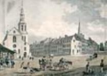 Québec, Bas-Canada. Vue de la place du marché et de l'église catholique à partir de la caserne, rue de la Fabrique 1832
