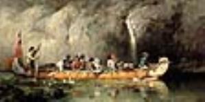 Canoe Manned by Voyageurs Passing a Waterfall 1869