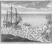 Le Pélican, navire d'Iberville, s'est échoué au large de l'embouchure de la rivière Nelson 1722.