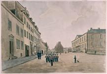 Troupes à l'exercice, rue Saint-Louis, face au Palais de Justice du Québec, Bas-Canada June 11, 1830