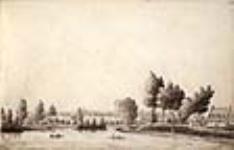 Une rivière, des bâtiments et des hommes en bateau après 1823