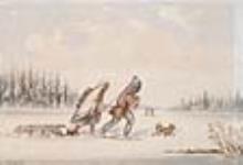 Indiens voyageant en raquettes avec un traîneau ca. 1856