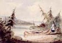 Femme près d'un canot ca 1856