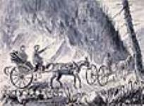 Calèche et chariot sur un chemin de rondins (près des chutes des Chaudières) ca 1873