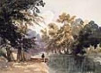 Vue d'un paysage avec un bateau et un lac ca. 1842