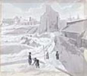 Soldats enlevant la neige dans la cour de la caserne des artilleurs, derrière la caserne Dauphine à Québec, Bas-Canada ca 1830