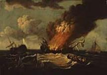 The Burning of the Quebec off Ushant / L'incendie du Québec au large d'Ouessant [between 1800-1850].