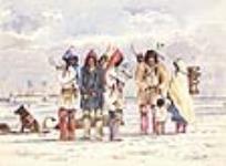 [Full page] Sauteaux [Saulteaux] Indians (rabbit skin dresses) opposite Fort Garry ca. 1857-1858