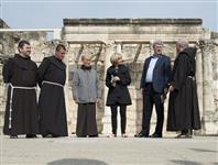 [Prime Minister Stephen Harper and Laureen Harper arrive at Capernaum and are greeted by Father Arcadius of the Franciscan Order and guide Father Ibrahim Fartas] 22 January 2014