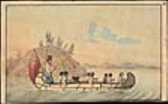 Hudson's Bay Company officials in an express canoe crossing a lake ca 1825
