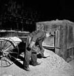 Stanislaus Lalancette shovels fluorespar into a cart at the Aluminum Company of Canada plant Jan. 1943