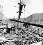 View of drag line pulling up logs for loading onto a truck  avril 1944