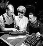 Chinese workmen Louie Ha (left) and Wong Lim ask Sophie Nicolak to translate the Chinese inscription on a Bren gun made for shipment to China at the John Inglis Co. plant avril 1944