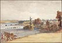 Paysage avec rivière, maisons et deux églises ca. 1840