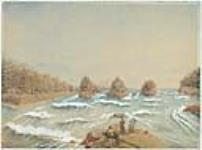 Surveyors at waterfall, with three islands ca 1855.