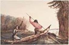 Micmac faisant avancer un canot à l'aide d'une perche en montant des rapides 1835-1846
