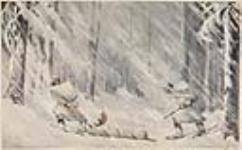 Chasseurs autochtones traversant une forêt lors d'une tempête de neige et traînant avec eux un orignal abattu 1838-1839 ?