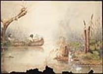 Indians duck hunting in a marsh, by canoe ca. 1865