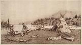Aboriginal Hunters with wigwam and canoe by a river [graphic material] ca. 1885