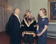 The Right Honourable Roland Michener with Chief Dan George and Norah Michener, Rideau Hall, Ottawa, Ontario June 25, 1971.