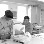 Lukta and Egeevadluk pulling a print off a stone block [graphic material] Aug. 1961