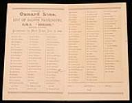 The Cunard Steam Ship Company, R.M.S. Oregon, list of Saloon Passengers 1886